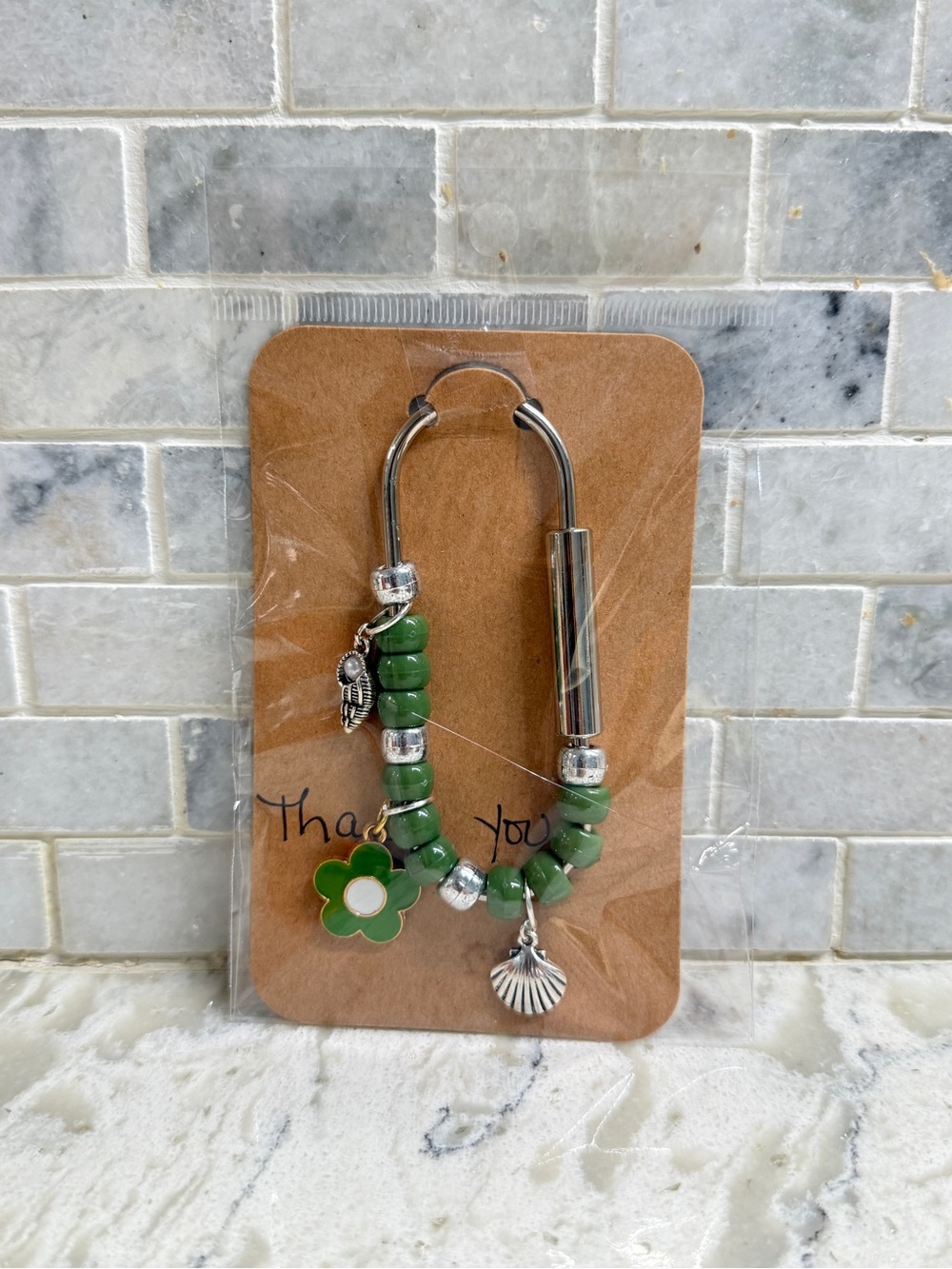 Green Beaded Keychain with Flower & Shell Charms